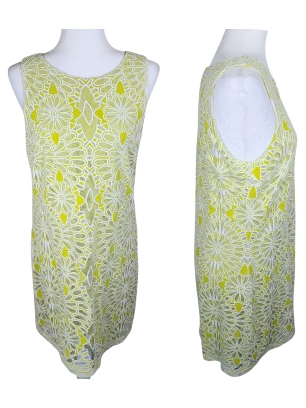 Badgley Mischka Lime White Lace Floral Embroidered Sheath Dress Size 8 - Picture 4 of 14